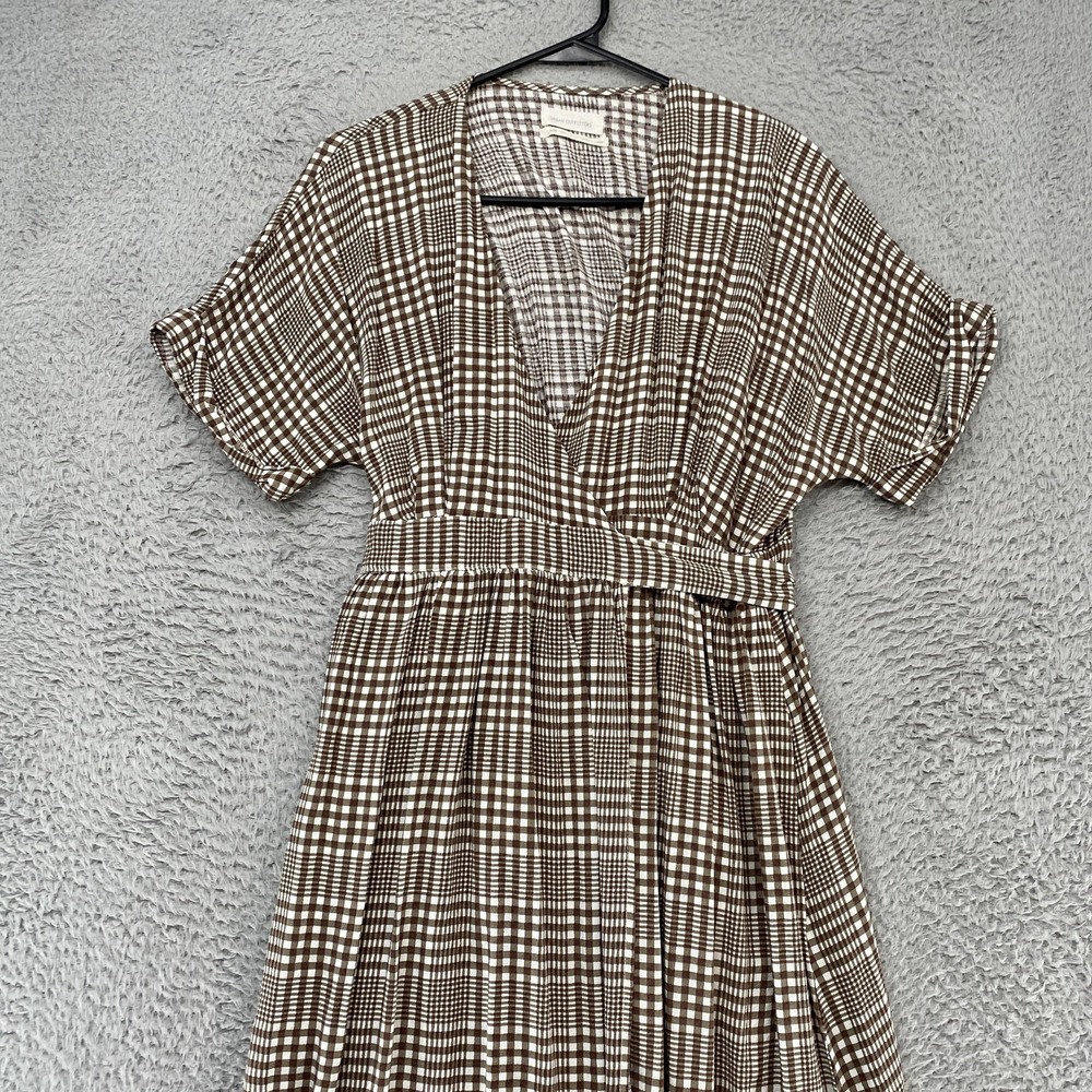 Urban Outfitters Midi Dress Womens Medium Check Belted V Neck Neutral Clean Girl - Picture 4 of 14